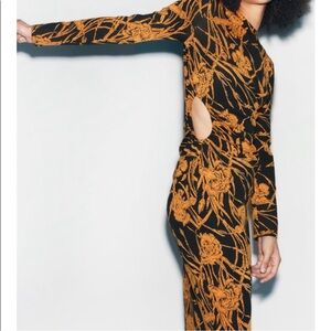 ZARA Size S Black/Orange Midi Cut Out Jacquard Long Sleeve Dress